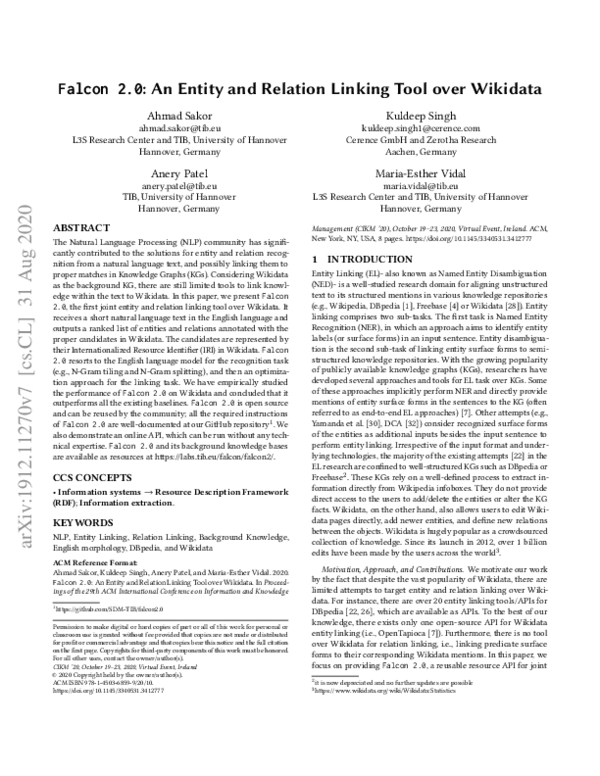 (PDF) FALCON 2.0: An Entity and Relation Linking framework over Wikidata