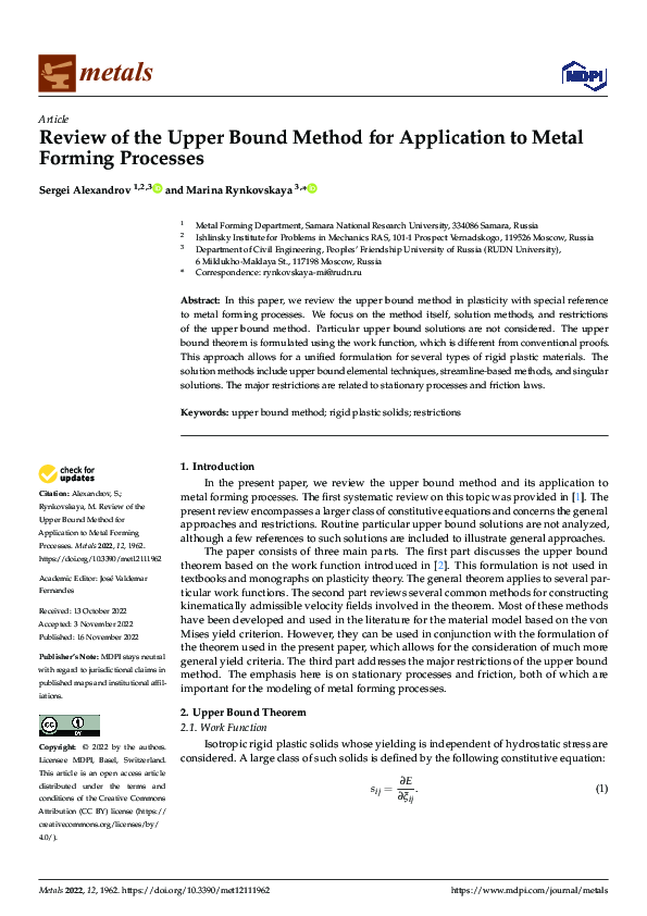 (PDF) Review of the Upper Bound Method for Application to Metal Forming ...