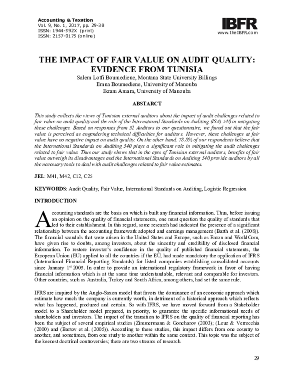 (PDF) The Impact of Fair Value on Audit Quality: Evidence from Tunisia