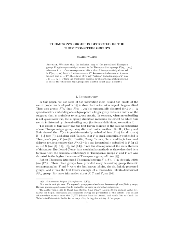 (PDF) Thompson’s group is distorted in the Thompson–Stein groups