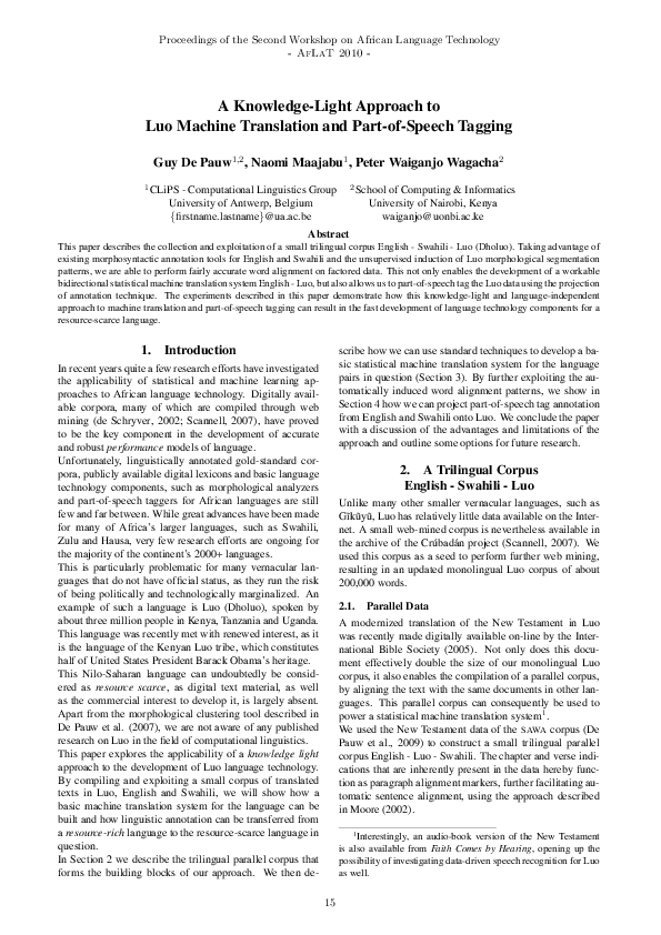 (PDF) A Knowledge-Light Approach to Luo Machine Translation and Part-of ...