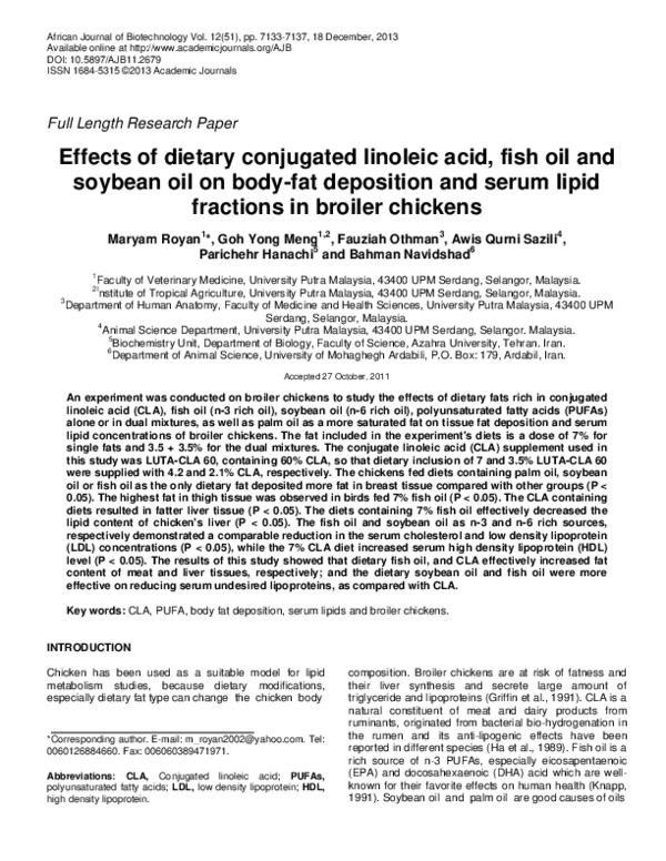 (PDF) Effects of dietary conjugated linoleic acid, fish oil and soybean ...