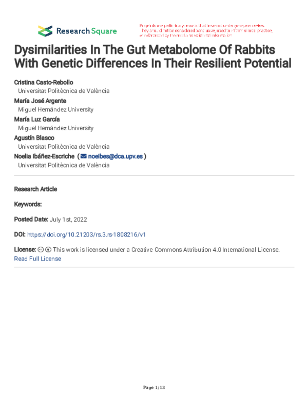 (PDF) Dysimilarities In The Gut Metabolome Of Rabbits With Genetic ...