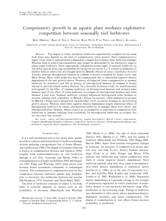 (PDF) Compensatory growth in an aquatic plant mediates exploitative ...