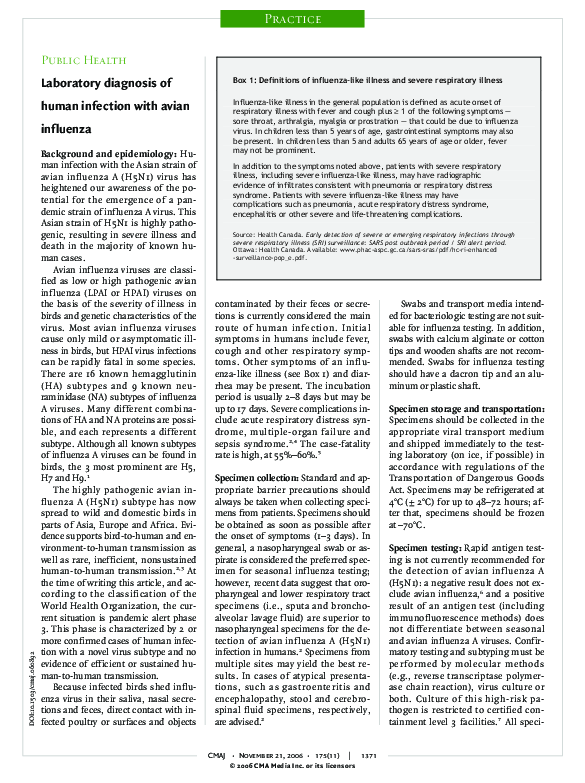 (PDF) Laboratory diagnosis of human infection with avian influenza
