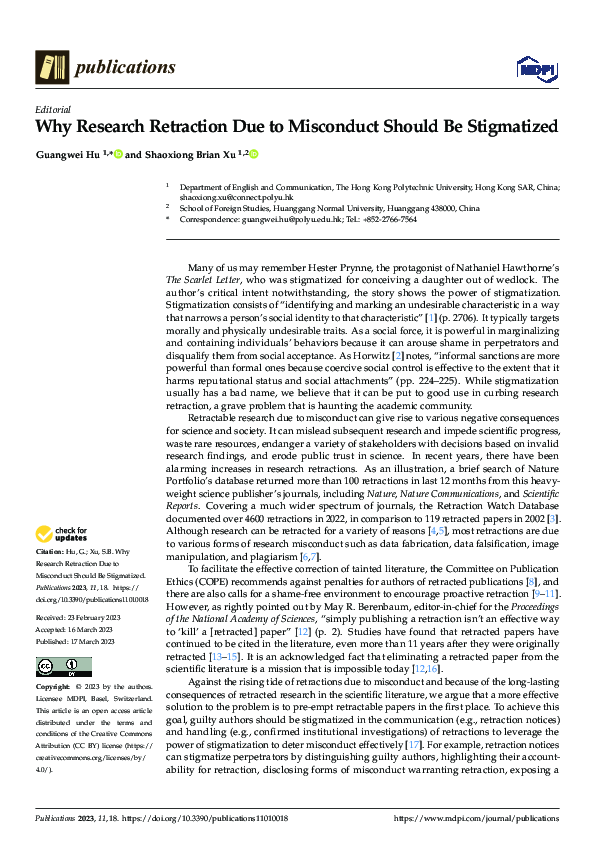 (PDF) Why Research Retraction Due to Misconduct Should Be Stigmatized