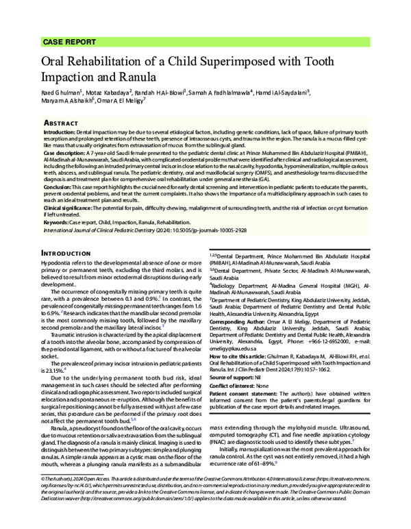(PDF) Oral Rehabilitation of a Child Superimposed with Tooth Impaction ...