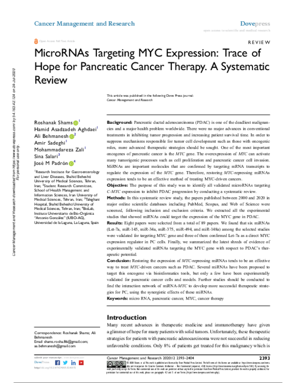 (PDF) MicroRNAs Targeting MYC Expression: Trace of Hope for Pancreatic ...
