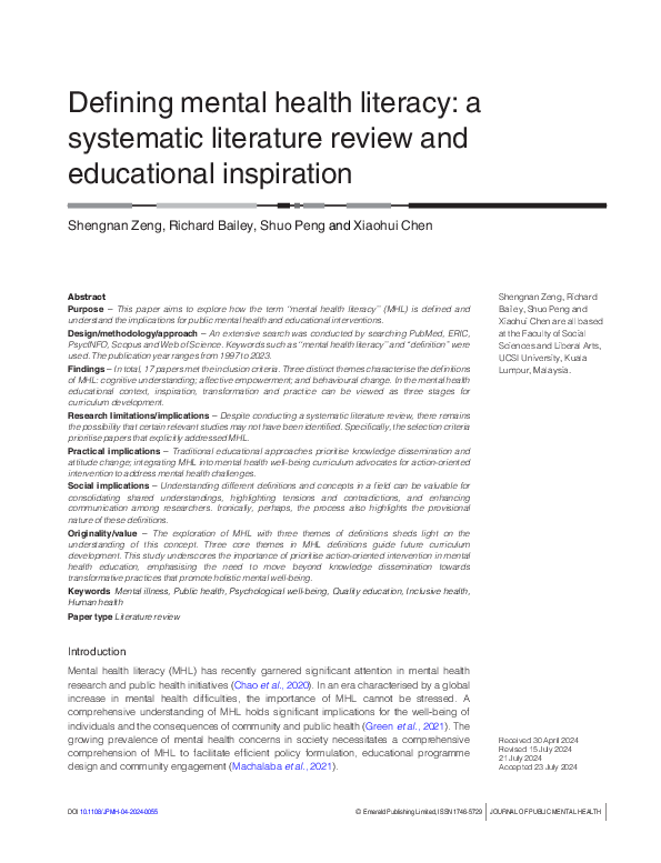 (PDF) Defining mental health literacy: a systematic literature review ...