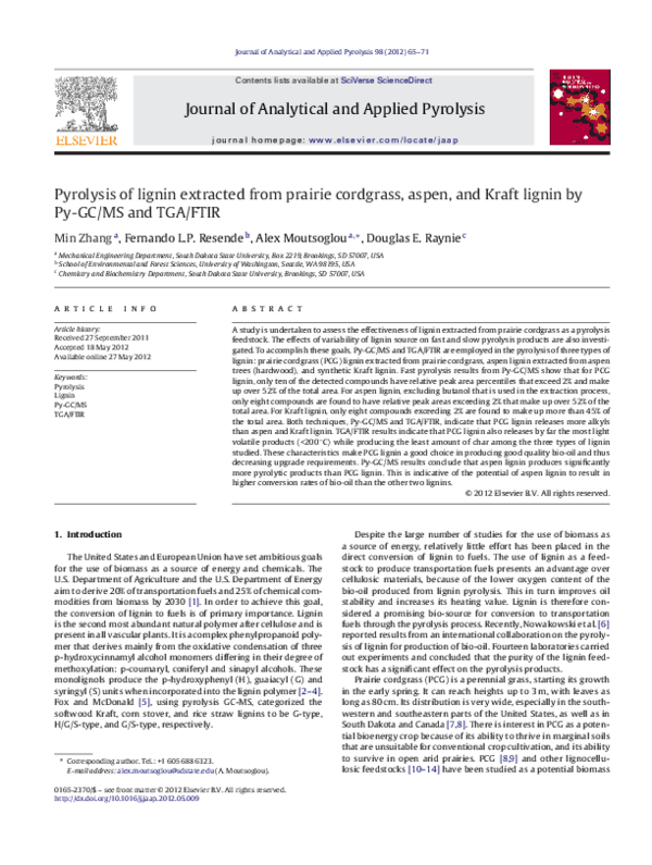 (PDF) Pyrolysis of lignin extracted from prairie cordgrass, aspen, and ...