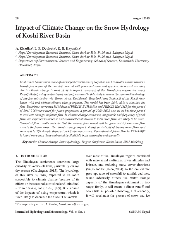 (PDF) Impact of Climate Change on the Snow Hydrology of Koshi River ...