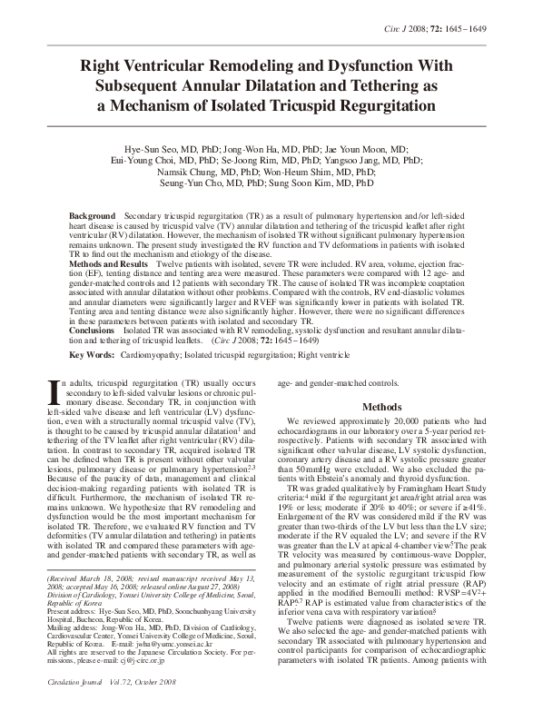 (PDF) Right Ventricular Remodeling and Dysfunction With Subsequent ...