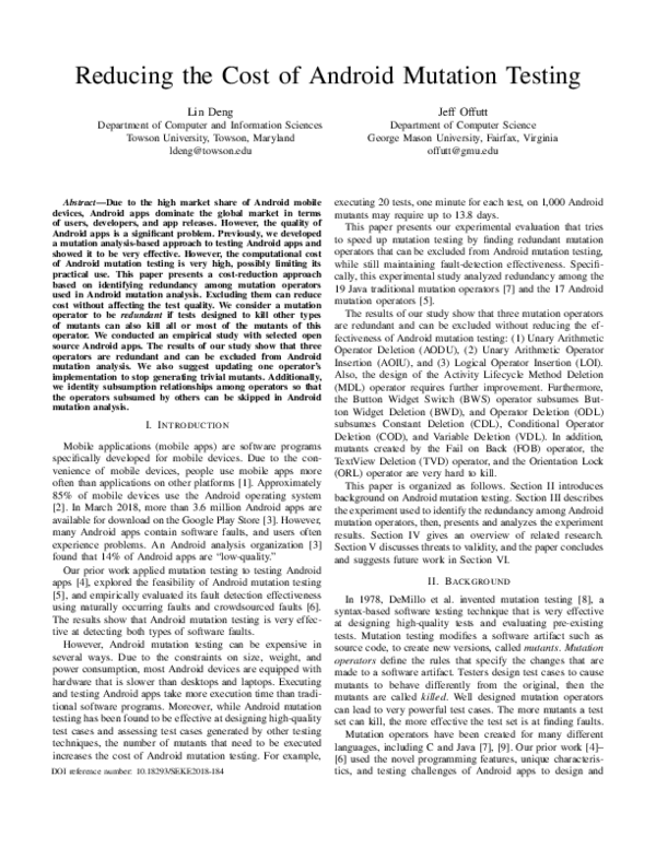 (PDF) Reducing the Cost of Android Mutation Testing