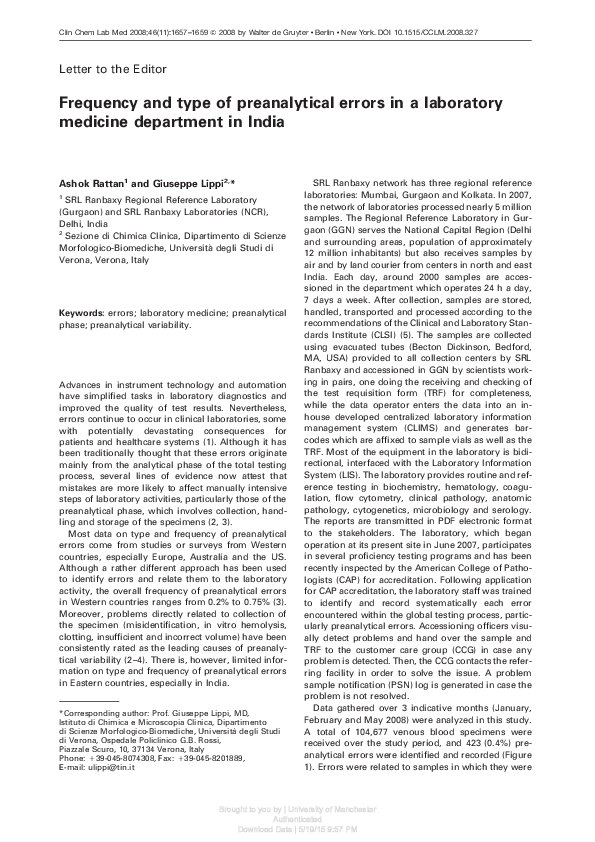 (PDF) Frequency and type of preanalytical errors in a laboratory ...