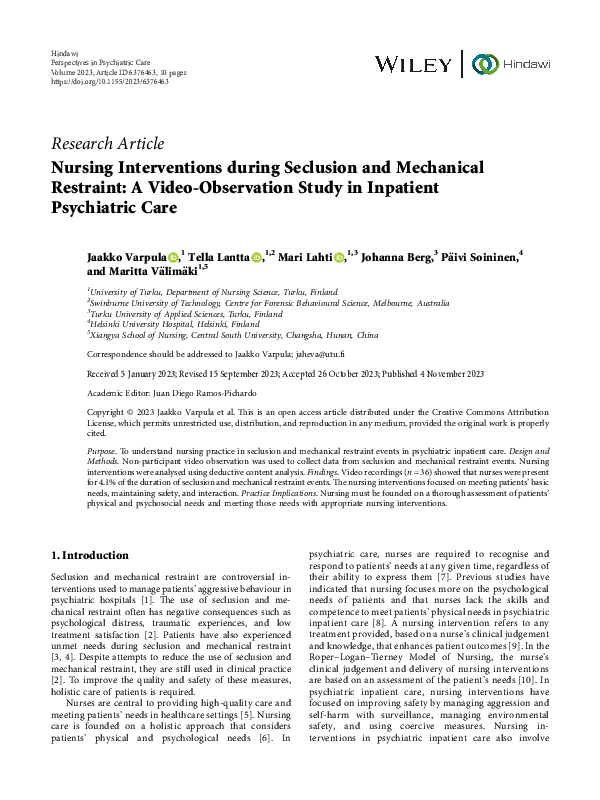(PDF) Nursing Interventions during Seclusion and Mechanical Restraint ...