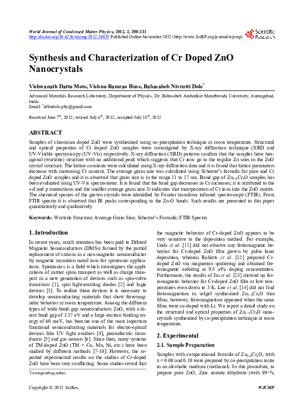 (PDF) Synthesis and Characterization of Cr Doped ZnO Nanocrystals