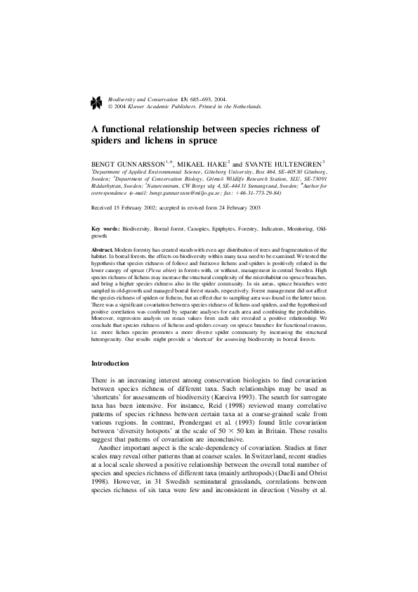 (PDF) A functional relationship between species richness of spiders and ...
