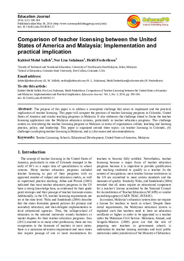 (PDF) Comparison of Teacher Licensing between the United States of ...