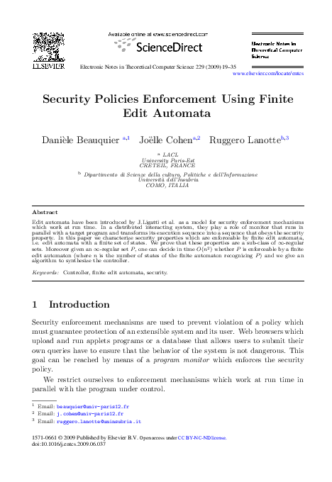 (PDF) Security Policies Enforcement Using Finite Edit Automata