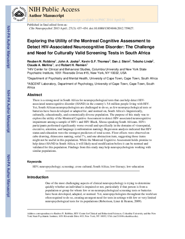 (PDF) Exploring the Utility of the Montreal Cognitive Assessment to ...