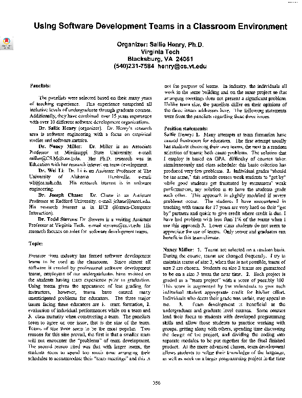 (PDF) Using software development teams in a classroom environment