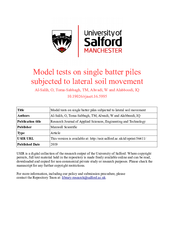 (PDF) Model Tests on Single Batter Piles Subjected to Lateral Soil Movement