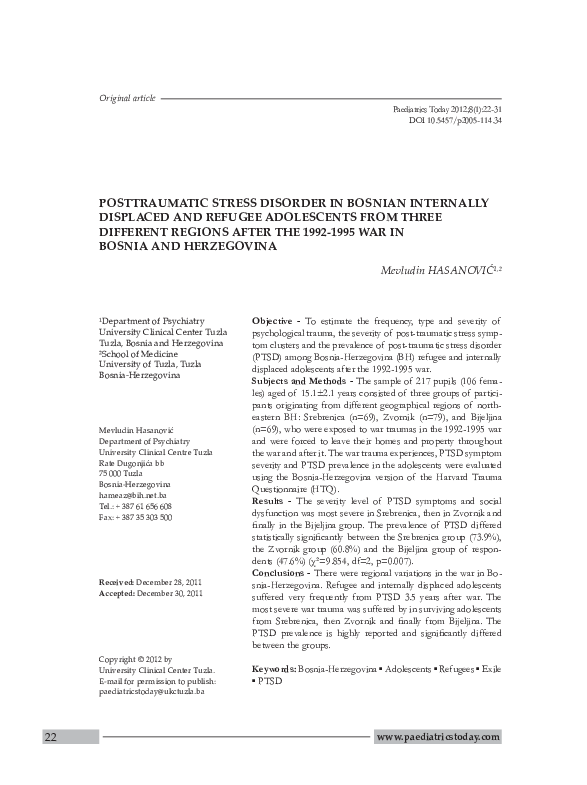 (PDF) Posttraumatic Stress Disorder of Bosnian internally displaced and ...