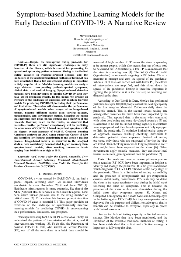 (PDF) Symptom-based Machine Learning Models for the Early Detection of ...