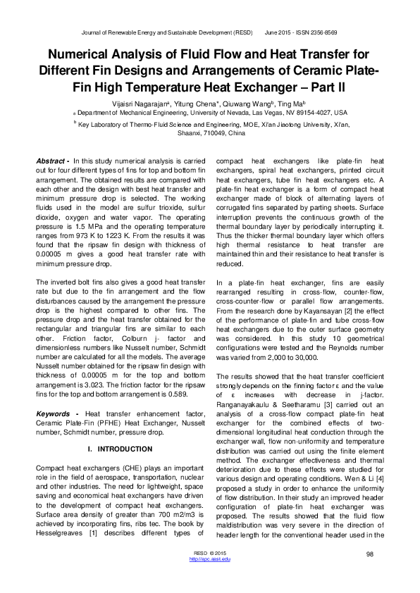 (PDF) Numerical Analysis of Fluid Flow and Heat Transfer for Different ...