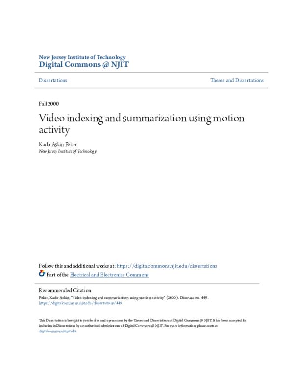 (PDF) Video indexing and summarization using motion activity
