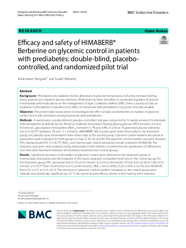 (PDF) Efficacy and safety of HIMABERB® Berberine on glycemic control in ...