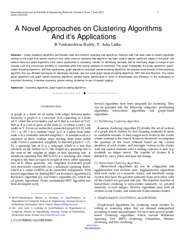(PDF) A Novel Approaches on Clustering Algorithms And it's Applications