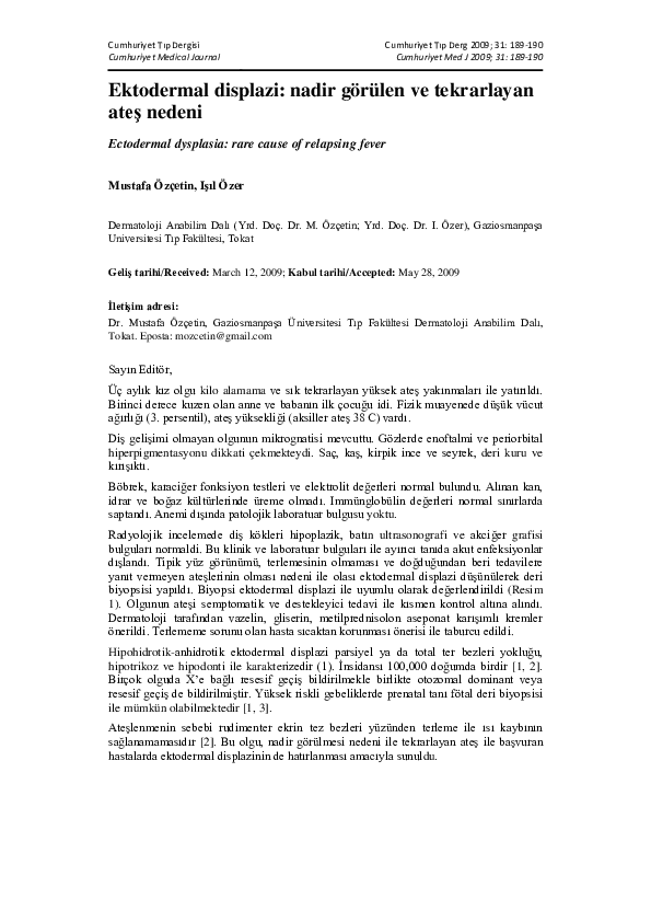 (PDF) Ektodermal displazi: nadir görülen ve tekrarlayan ateş nedeni