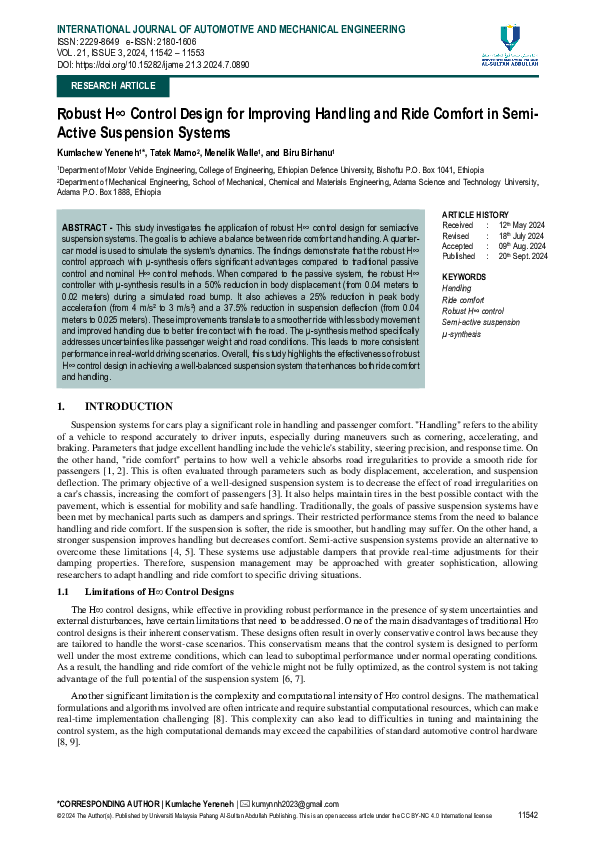 (PDF) Robust H∞ Control Design for Improving Handling and Ride Comfort ...