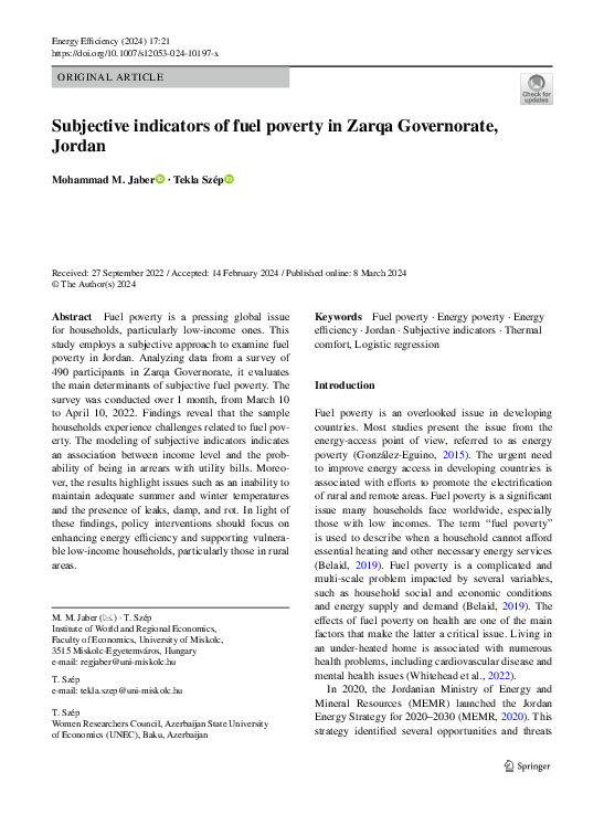 (PDF) Subjective indicators of fuel poverty in Zarqa Governorate, Jordan