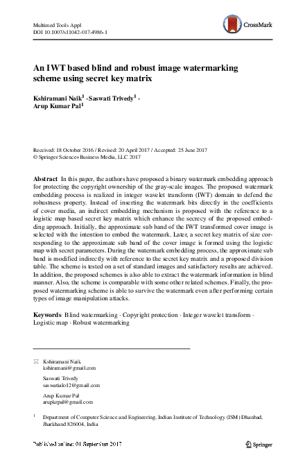 (PDF) An IWT based blind and robust image watermarking scheme using ...