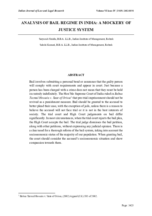 (PDF) ANALYSIS OF BAIL REGIME IN INDIA: A MOCKERY OF JUSTICE SYSTEM