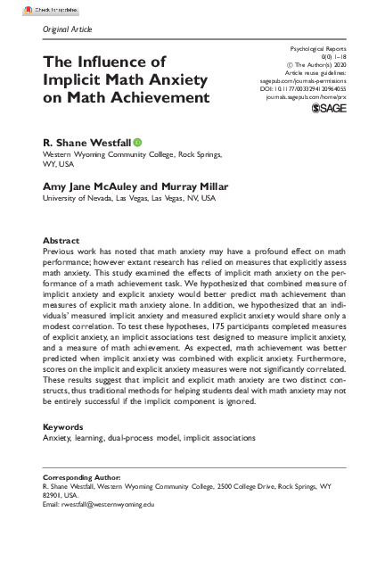 (PDF) The Influence of Implicit Math Anxiety on Math Achievement