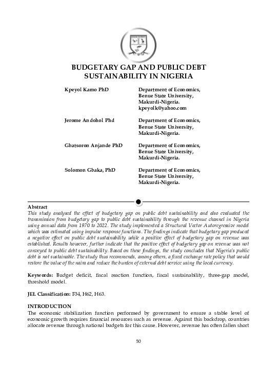 (PDF) Budgetary Gap and Public Debt Sustainability in Nigeria