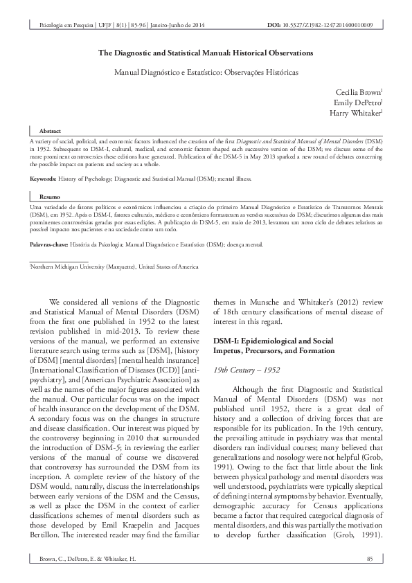 (PDF) The Diagnostic and Statistical Manual: Historical Observations