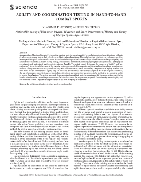 (PDF) Agility and Coordination Testing in Hand-to-Hand Combat Sports