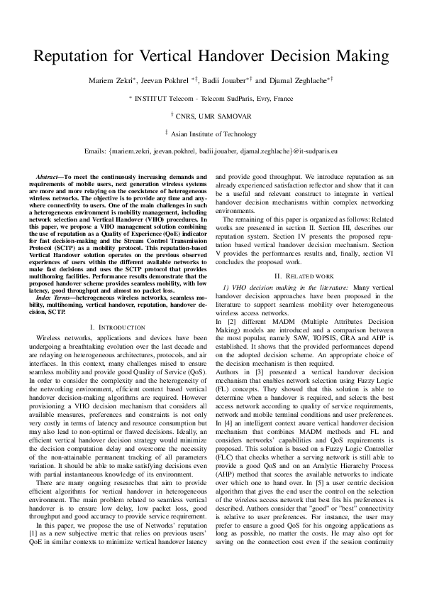 (PDF) Reputation for Vertical Handover decision making
