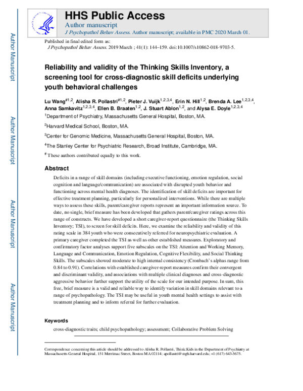 (PDF) Reliability and Validity of the Thinking Skills Inventory, a ...