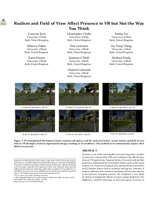(PDF) Realism and Field of View Affect Presence in VR but Not the Way ...
