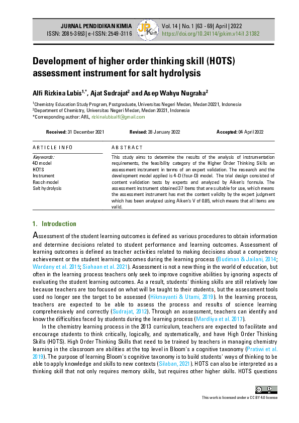 (PDF) Development of higher order thinking skill (HOTS) assessment ...