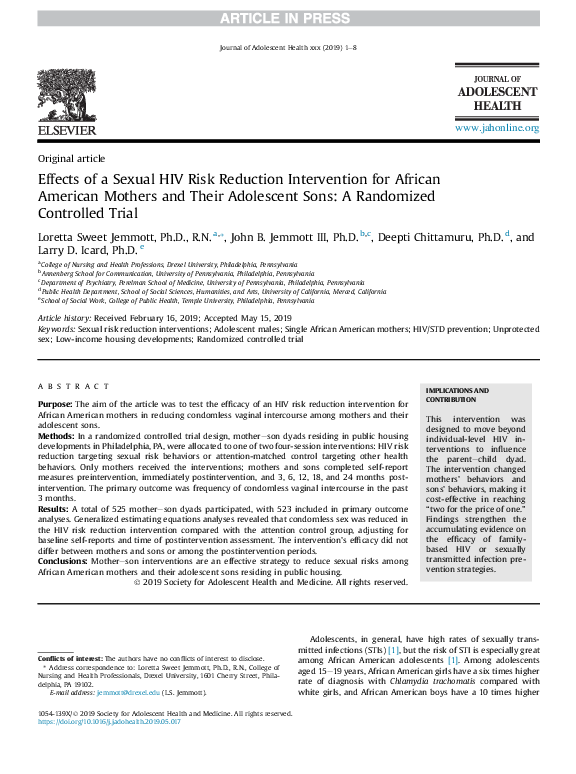(PDF) Effects of a Sexual HIV Risk Reduction Intervention for African ...