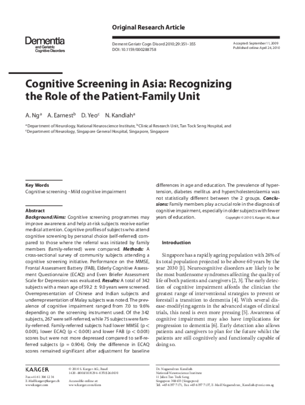 (PDF) Cognitive Screening in Asia: Recognizing the Role of the Patient ...
