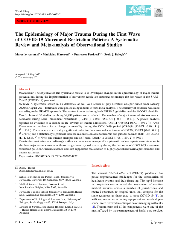 (PDF) The Epidemiology of Major Trauma During the First Wave of COVID ...