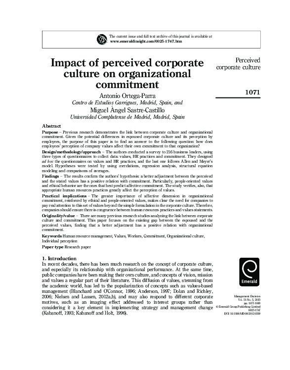 (PDF) Impact of perceived corporate culture on organizational commitment