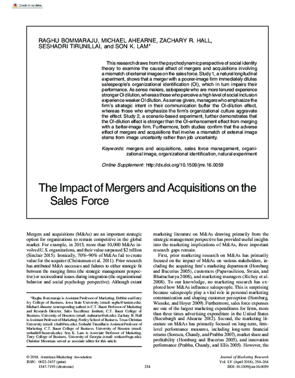 (PDF) The Impact of Mergers and Acquisitions on the Sales Force